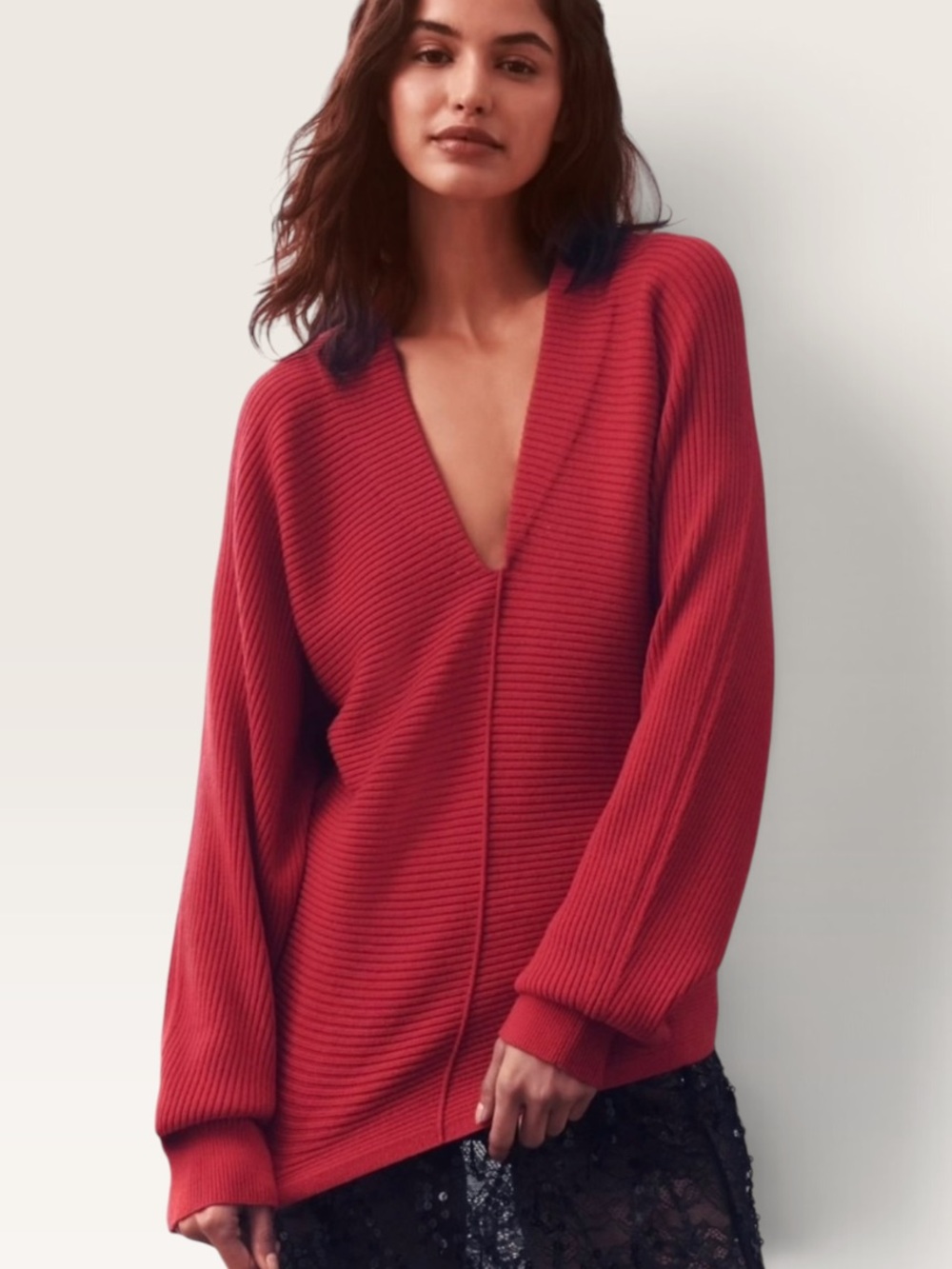 Anthropologie Maeve Red Plunge-Neck Seamed Sweater Medium NWT